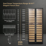 Lanbopro 255 Bottle Dual Door Wine Cooler by Lanbo International Inc, showing dual temperature zones and sleek black exterior.