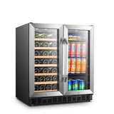 Lanbo 30-inch wine and beverage cooler with glass door and stainless steel finish, holding bottles and cans inside.