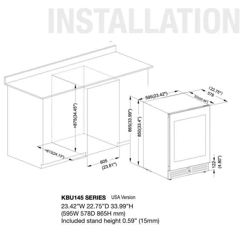 24-Inch Under-Counter Single Zone Wine Cooler with Low-E Glass Door with Stainless Steel Trim
