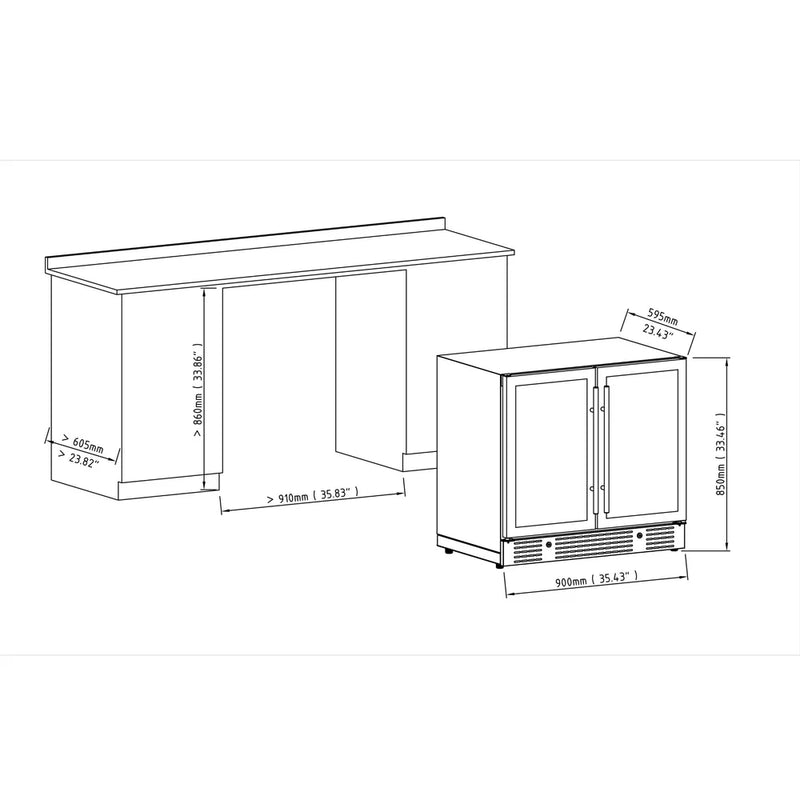 36" Under Bench Dual-Zone Wine Cooler with Low-E Glass Door