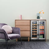 Lanbo 24-inch wine and beverage cooler with glass door and stainless steel trim, interior LED lighting, and adjustable shelves.
