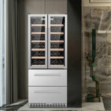 Lanbo 32-inch wine and beverage cooler with glass door, stainless steel frame, and interior LED lighting.