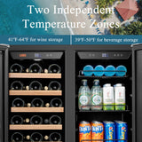 Lanbo 30-inch dual zone wine and beverage cooler with glass door, stainless steel finish, and interior LED lighting.